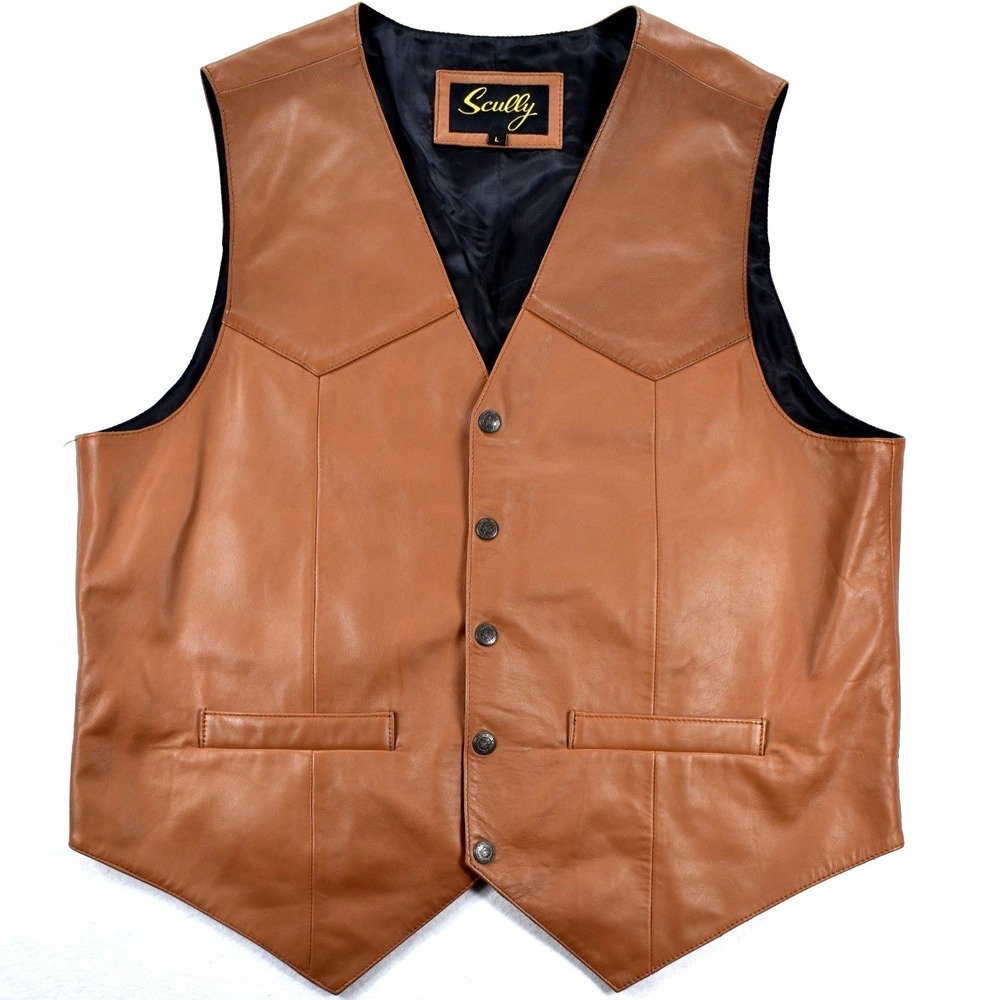 Scully Mens Western Leather Vest Cognac Brown Size L Button Front Yoke Pockets
